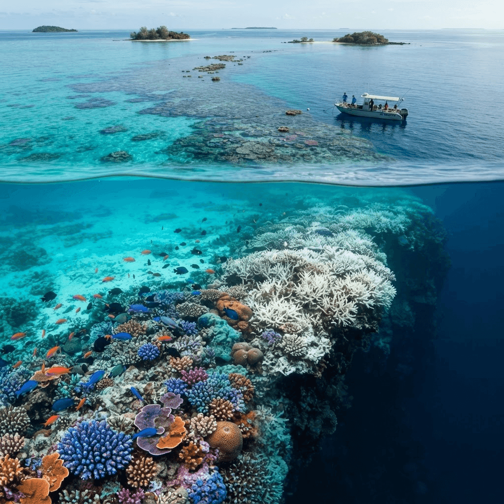 Coral reef transitioning from healthy to bleached, monitored by satellite