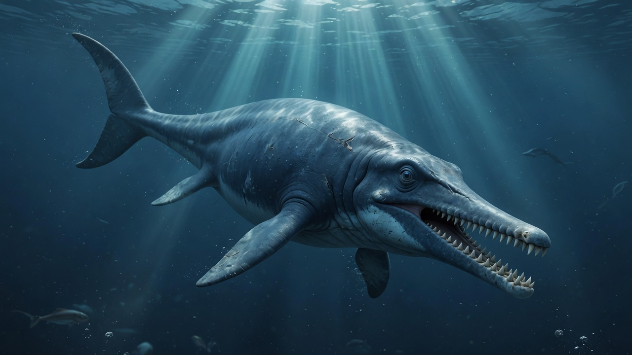 Photoreal concept reconstruction of Dakosaurus maximus. Marine crocodylomorph — not a dinosaur, not a mosasaur; short snout, ziphodont teeth. Cinematic open-ocean lighting.