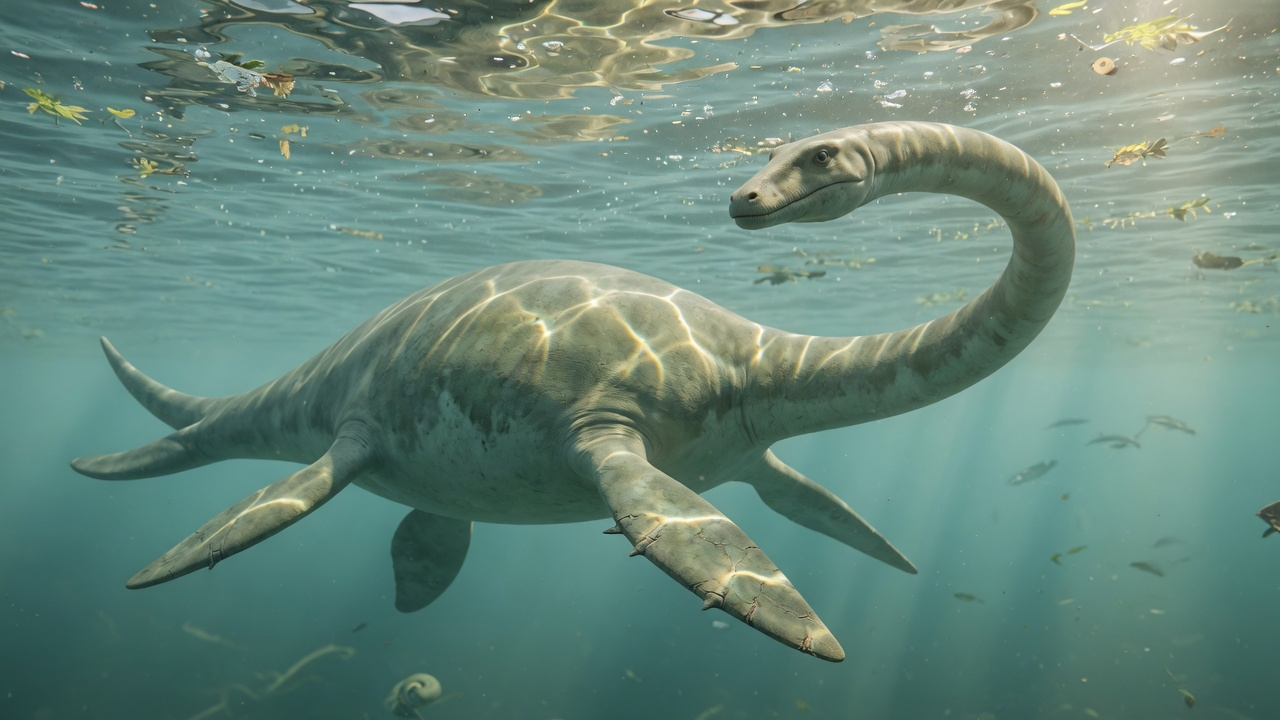 Photoreal concept reconstruction of Elasmosaurus platyurus, a long-necked plesiosaur gliding through sunlit Cretaceous seas with four flippers.