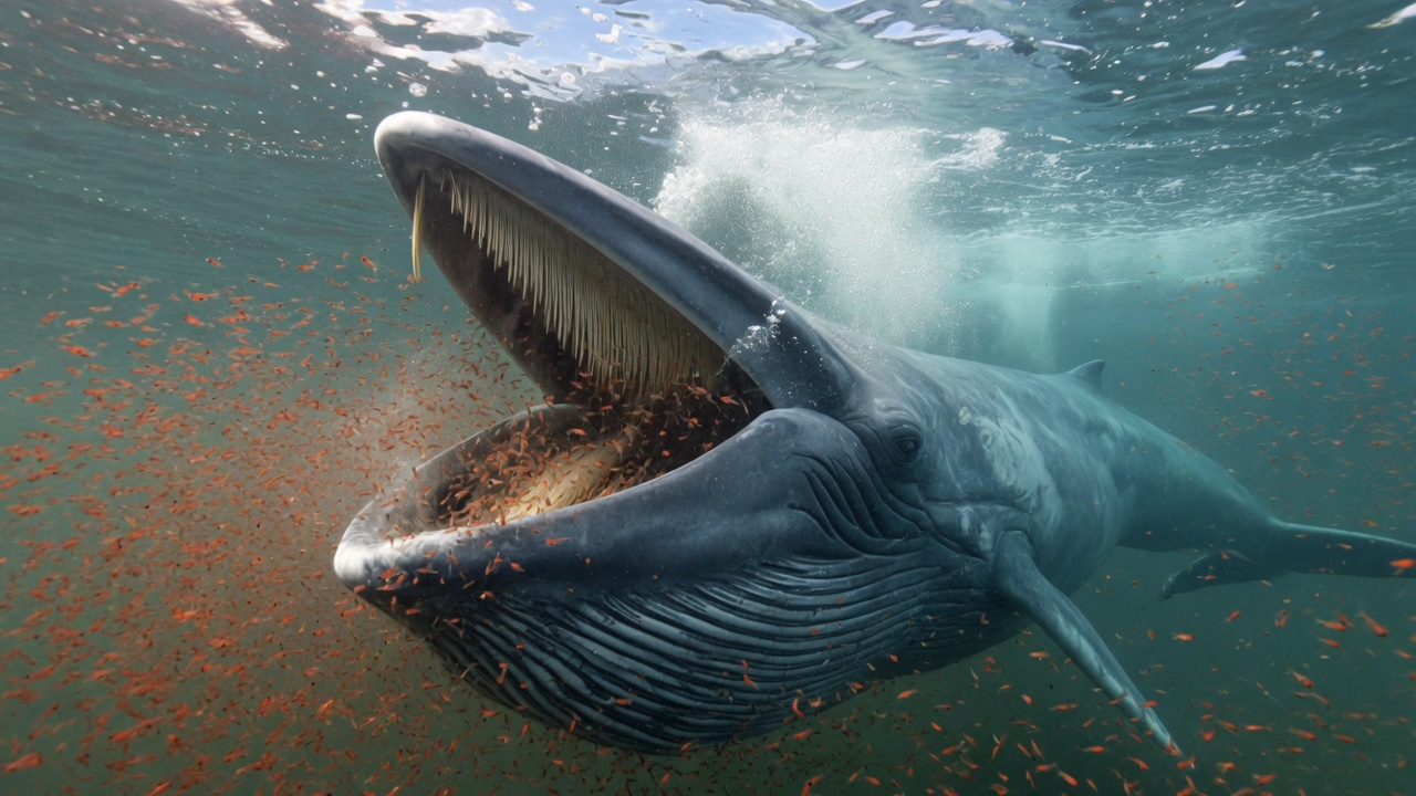 Concept reconstruction of a blue whale lunge-feeding among krill.