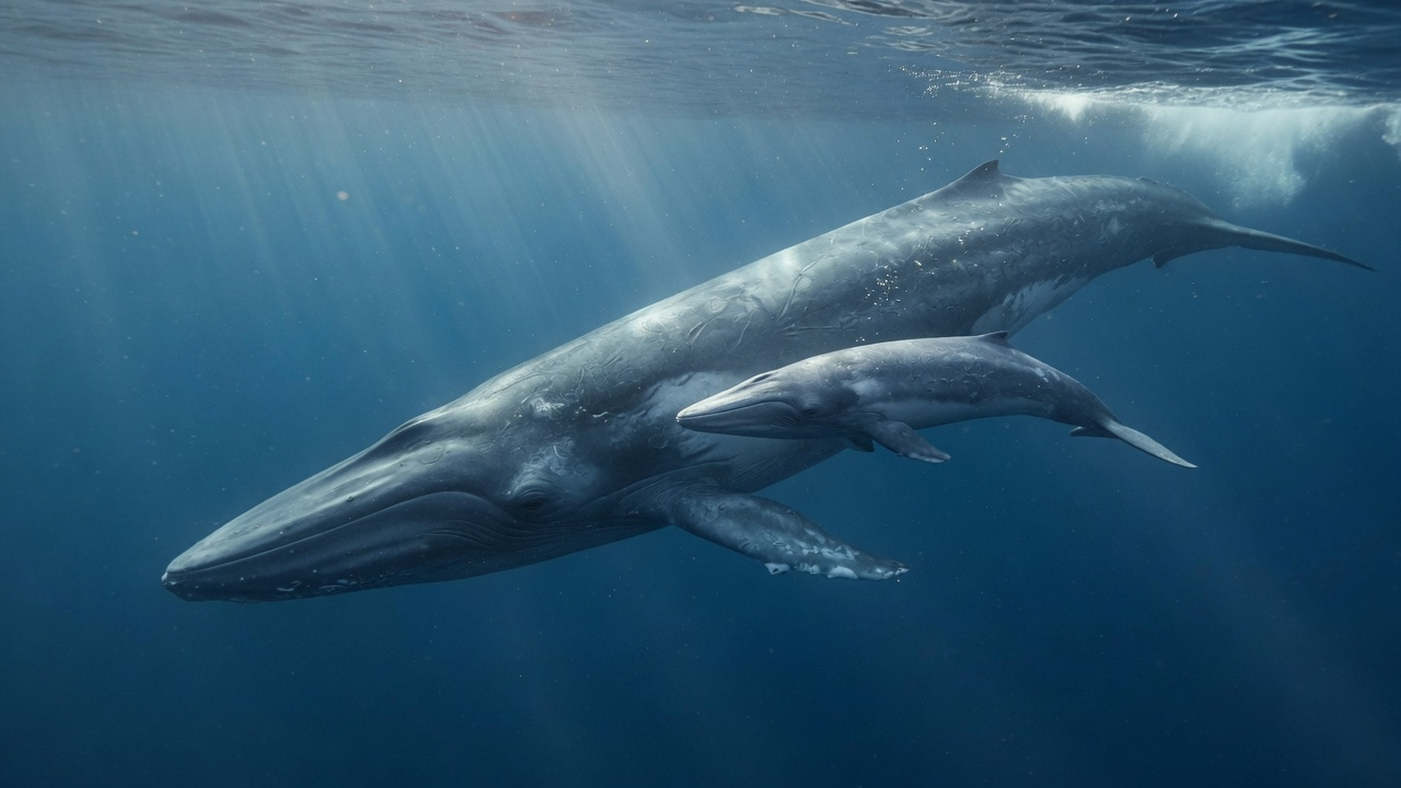 Concept reconstruction of an adult blue whale swimming near a calf in open ocean.