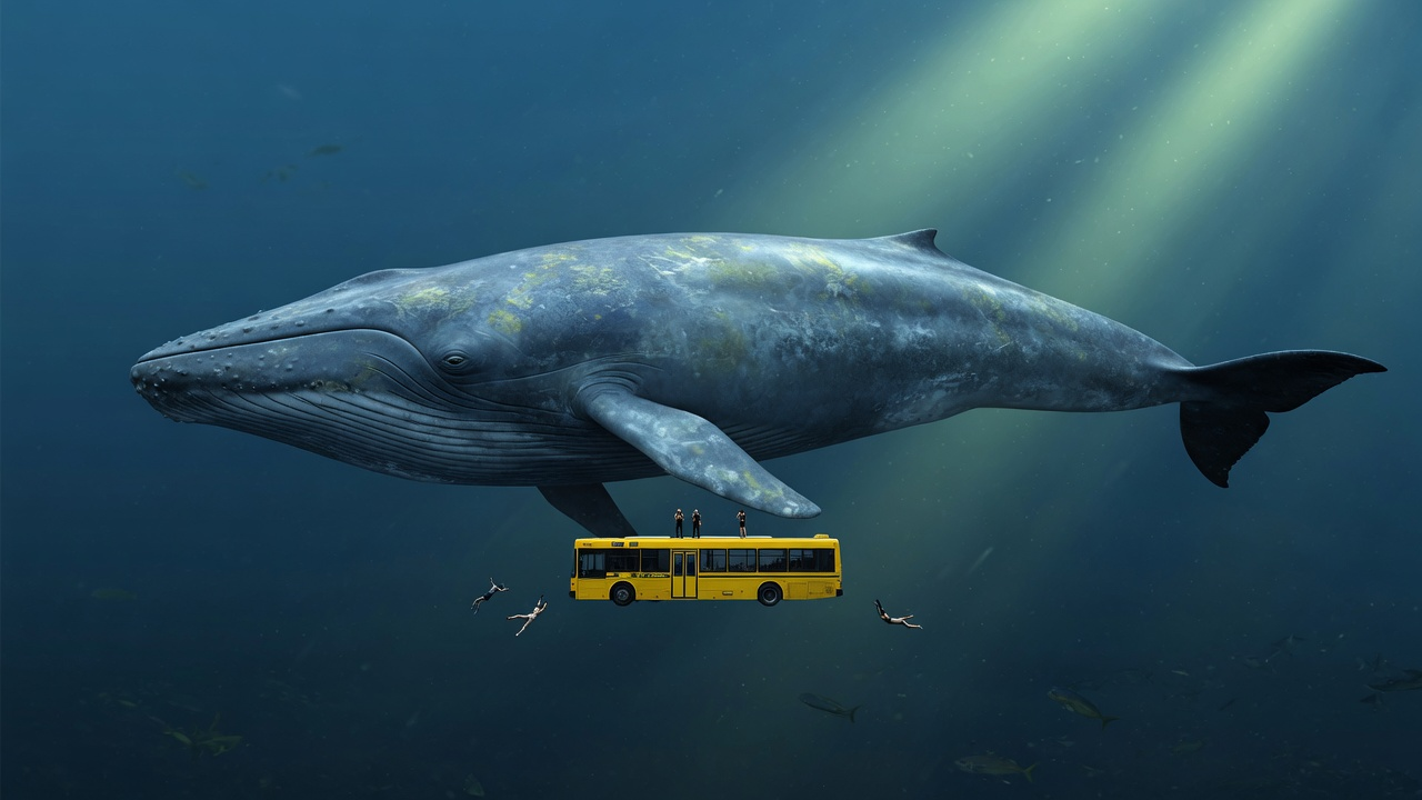 Concept educational panel comparing an adult blue whale silhouette to a city bus for scale.