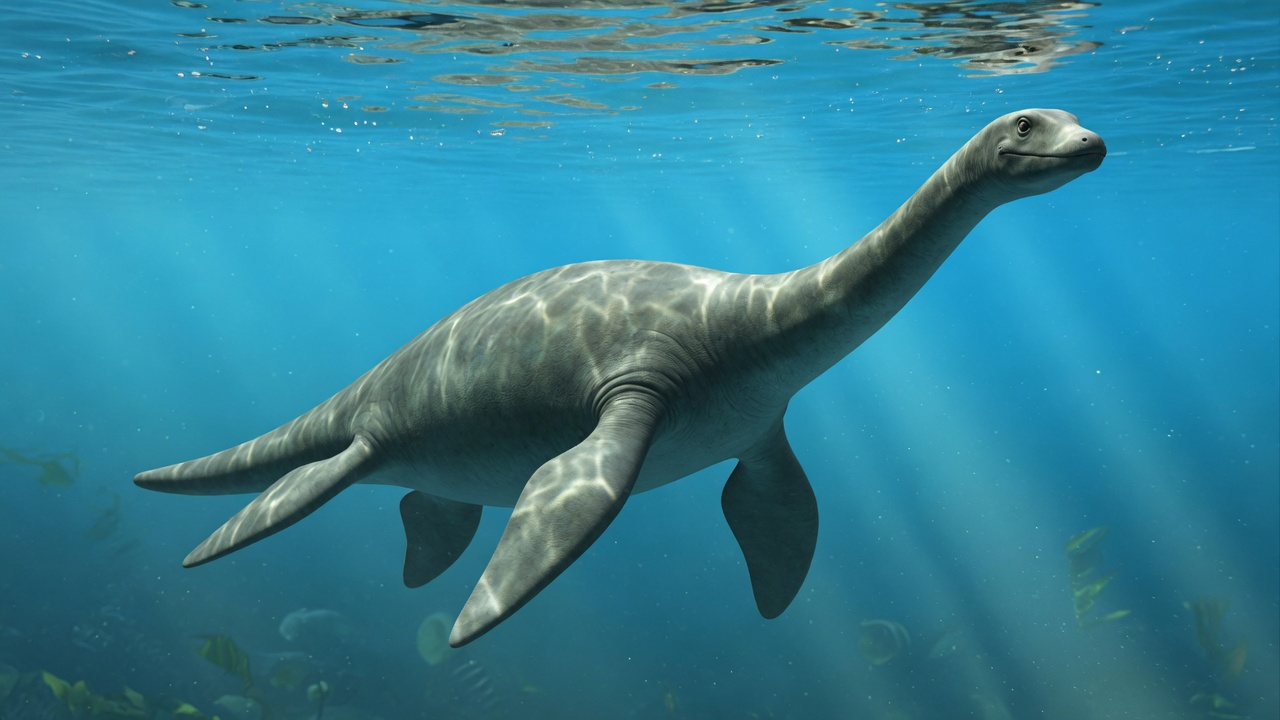 Photoreal concept reconstruction of Ichthyosaurus communis. Classic ichthyosaur type genus — streamlined, long snout, crescent tail. Cinematic open-ocean lighting.