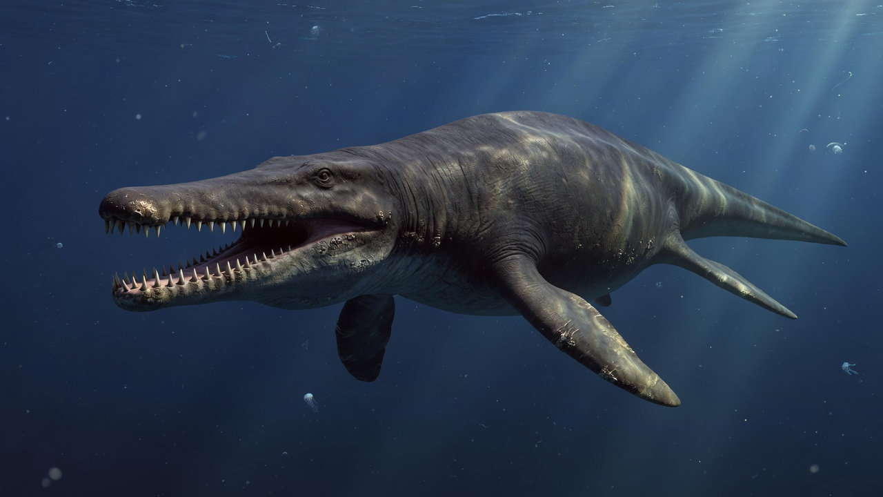 Photoreal concept reconstruction of Kronosaurus queenslandicus, a short-necked pliosaur with a massive head and four powerful flippers in deep blue Early Cretaceous seas.