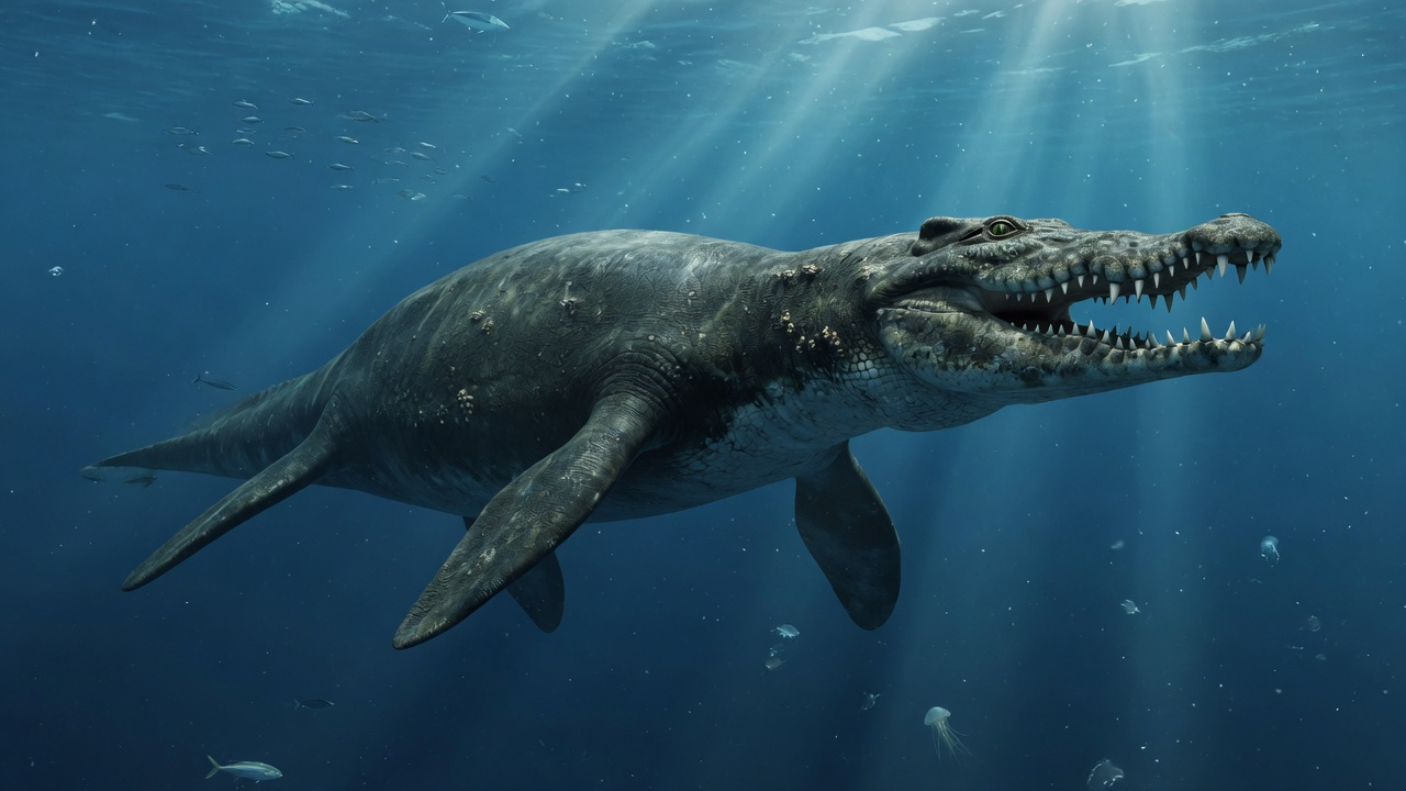 Photoreal concept reconstruction of Liopleurodon ferox, a short-necked Jurassic pliosaur with a massive head and four flippers in deep blue sea.