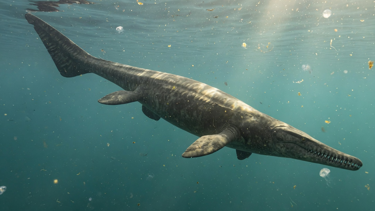 Photoreal concept reconstruction of Metriorhynchus superciliosus. Fully marine crocodylomorph with paddle-like limbs and hypocercal tail — ocean lifestyle, not dinosaur. Cinematic open-ocean lighting.