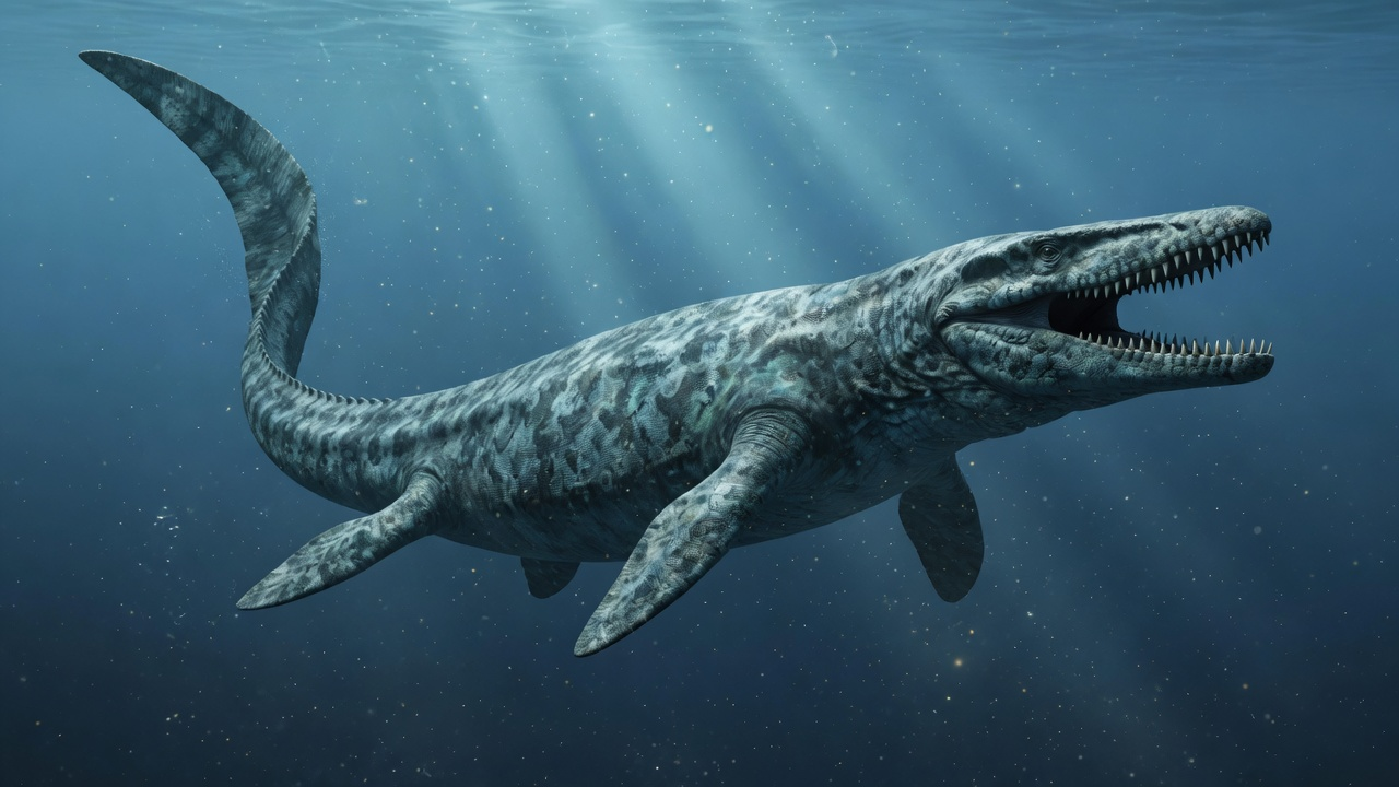 Photoreal concept reconstruction of Mosasaurus hoffmannii swimming in a Late Cretaceous open ocean, with a long body, paddle-like limbs, and a powerful tail.