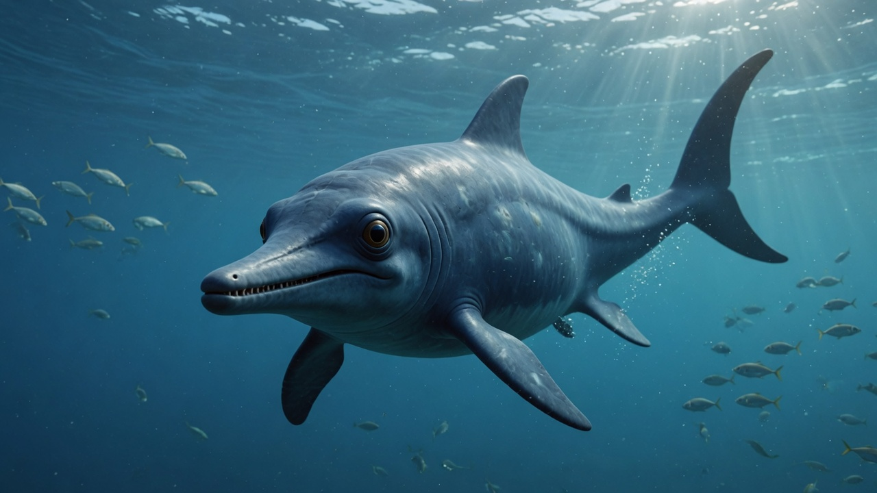 Photoreal concept reconstruction of Ophthalmosaurus icenicus, a dolphin-shaped ichthyosaur with large eyes and a crescent tail fluke, swimming through Jurassic blue water.