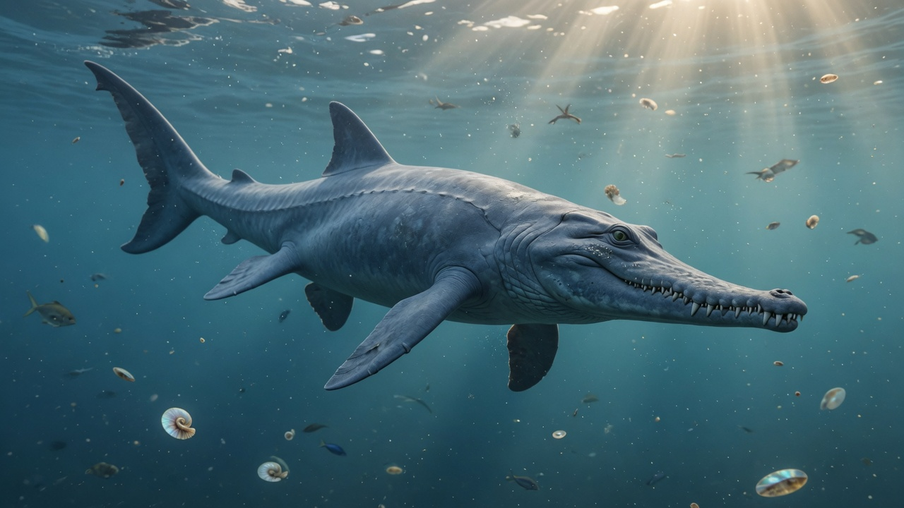 Photoreal concept reconstruction of Platecarpus tympaniticus. Well-known mid-sized mosasaur — common museum teaching taxon. Cinematic open-ocean lighting.