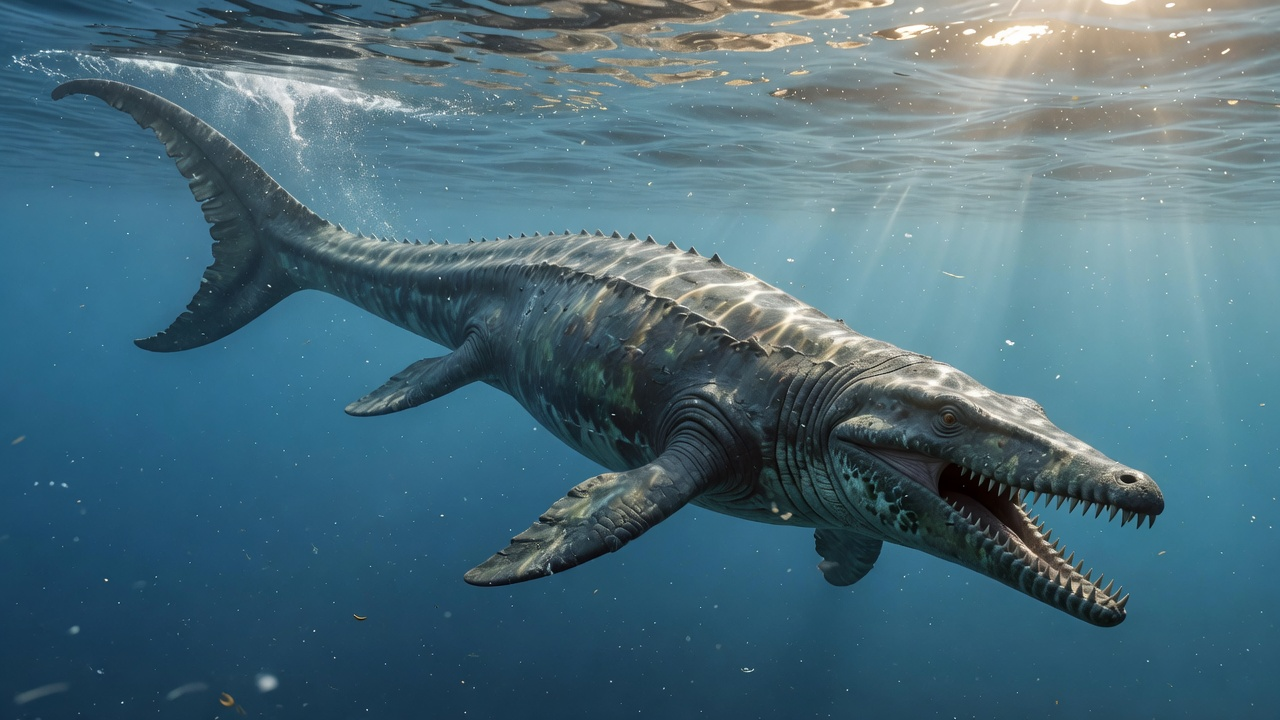 Photoreal concept reconstruction of Plesiosaurus dolichodeirus. Type plesiosaur — relatively long neck, four flippers, compact body. Cinematic open-ocean lighting.