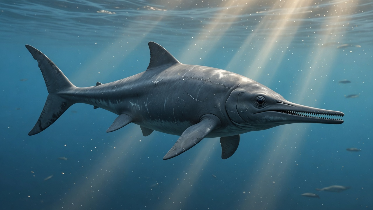 Photoreal concept reconstruction of Temnodontosaurus platyodon. Large early Jurassic ichthyosaur with robust snout and large eyes. Cinematic open-ocean lighting.