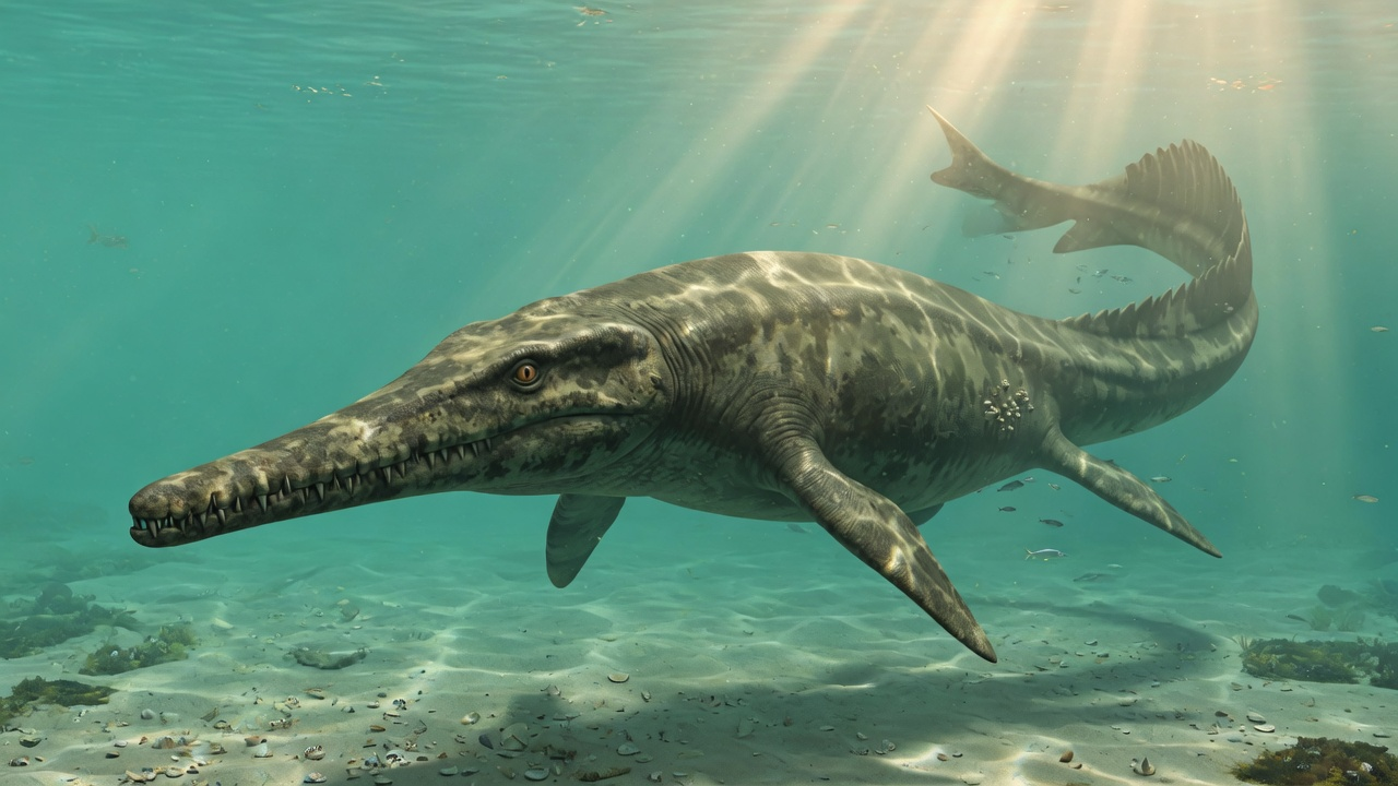 Photoreal concept reconstruction of Tylosaurus proriger, a large Late Cretaceous mosasaur with an elongated snout, paddle limbs, and a muscular tail in shallow Western Interior Seaway light.